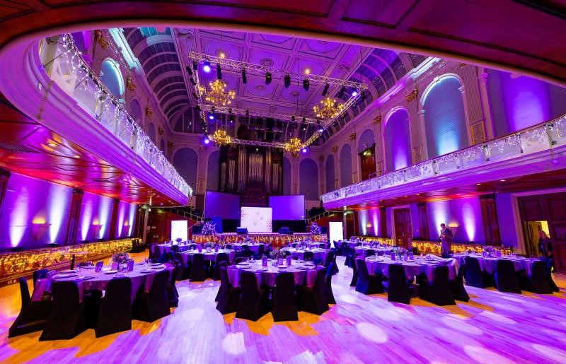Reading Town Hall interior lit up in purple